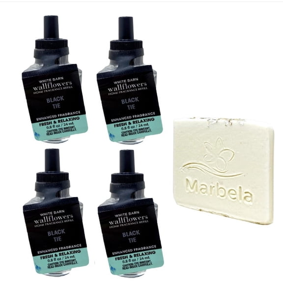 Bath & Body Works Black Tie 4 Pack Wallflowers Home Fragrance Refills Gift Set with a Marbela Natural Oats Sample Soap