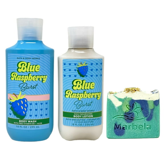 Bath & Body Works Blue Raspberry Burst Body Wash and Body Lotion Duo Set with an Aloe Vera Bar Soap - Full Size