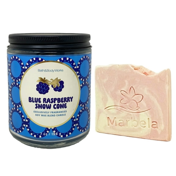 Bath & Body Works Blue Raspberry Snow Cone 7 oz Single-Wick Candle with a Himalayan Salts Springs Sample Soap