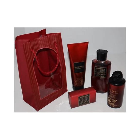 Bath & Body Works Bourbon Mens Shop Collection Gift Bag Set Body Spray, Body Cream, Body Wash & Cleansing Bar
