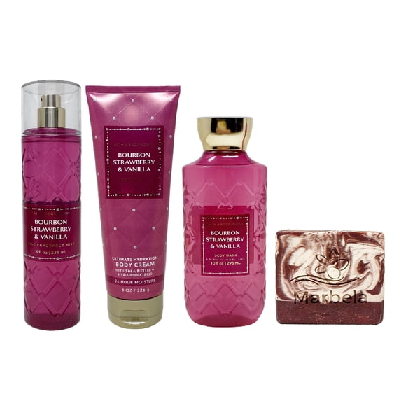 Bath & Body Works Bourbon Strawberry & Vanilla 3 Piece Gift Bundle with a Marbela Cherry On Top Bar Soap - Fragrance Mist - Body Cream and Body Wash - Full Size
