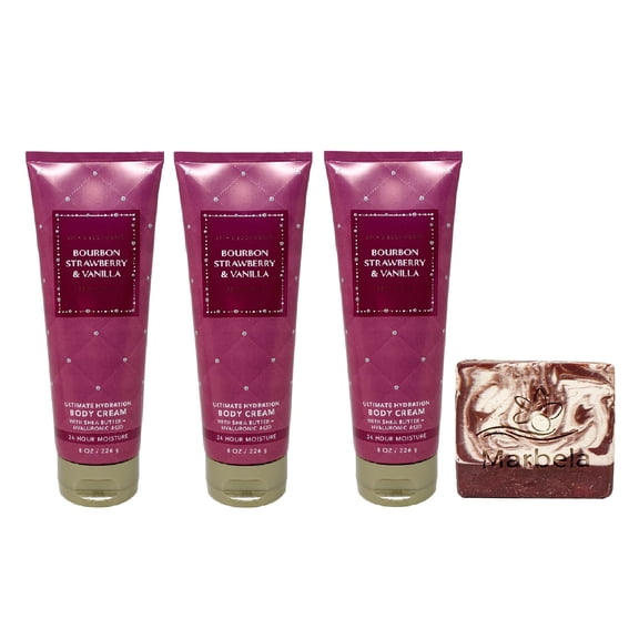 Bath & Body Works Bourbon Strawberry & Vanilla 3 Piece Ultimate Hydration Body Cream Bundle with a Marbela Cherry On Top Bar Soap - Full Size