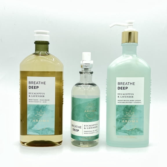 Bath & Body Works Breathe Deep Aroma Eucalyptus & Lavender 10oz Body Wash, 5.3oz Essential Oil Mist and 6.5oz Body Lotion 3-Piece Bundle