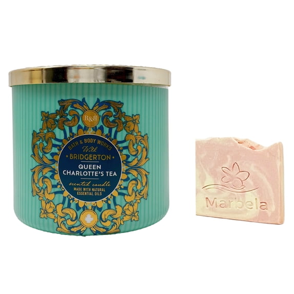 Bath & Body Works Bridgerton Queen Charlotte's Tea 3-Wick Candle with Marbela Himalayan Salts Springs Sample Soap
