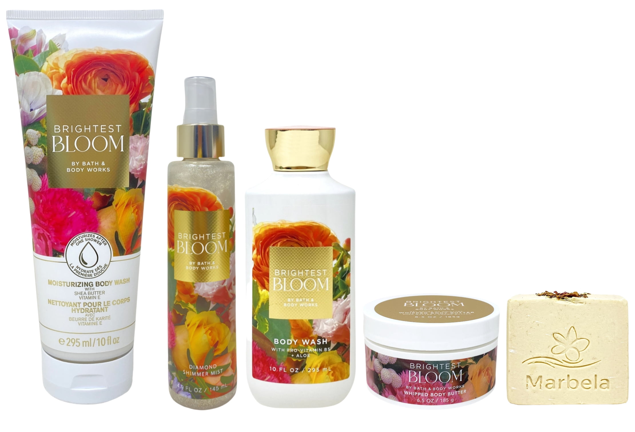 Bath & Body Works Brightest Bloom Moisturizing Body Wash, Body Wash, Diamond Shimmer Mist and Whipped Body Butter with a Creamy Rose Bar Soap