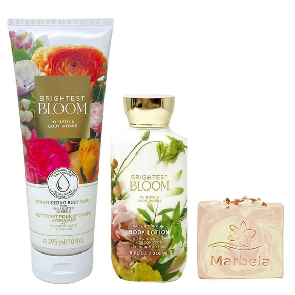 Bath & Body Works Brightest Bloom Moisturizing Body Wash and Body Lotion Duo Set with a Himalayan Salts Springs Bar Soap - Full Size