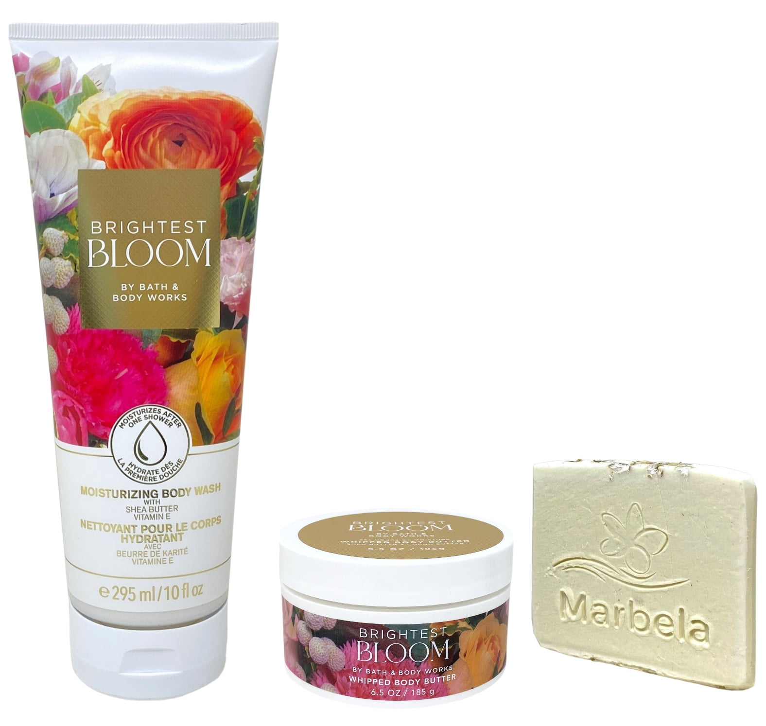 Bath & Body Works Brightest Bloom Moisturizing Body Wash and Whipped Body Butter with a Natural Oats Sample Soap