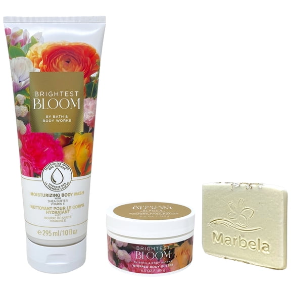 Bath & Body Works Brightest Bloom Moisturizing Body Wash and Whipped Body Butter with a Natural Oats Sample Soap