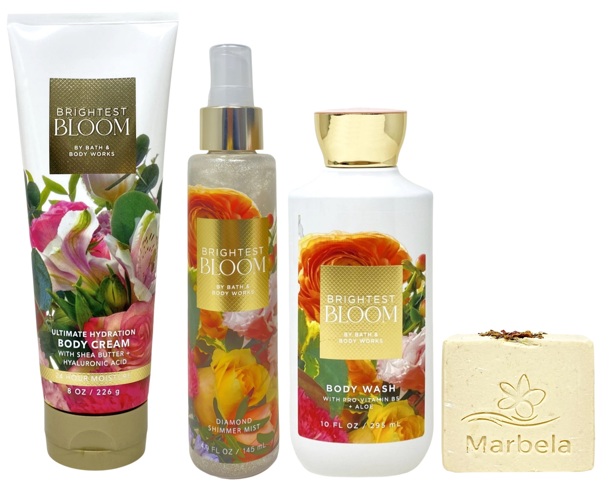 Bath & Body Works Brightest Bloom Ultimate Hydration Body Cream, Diamond Shimmer Mist and Body Wash with a Creamy Rose Bar Soap