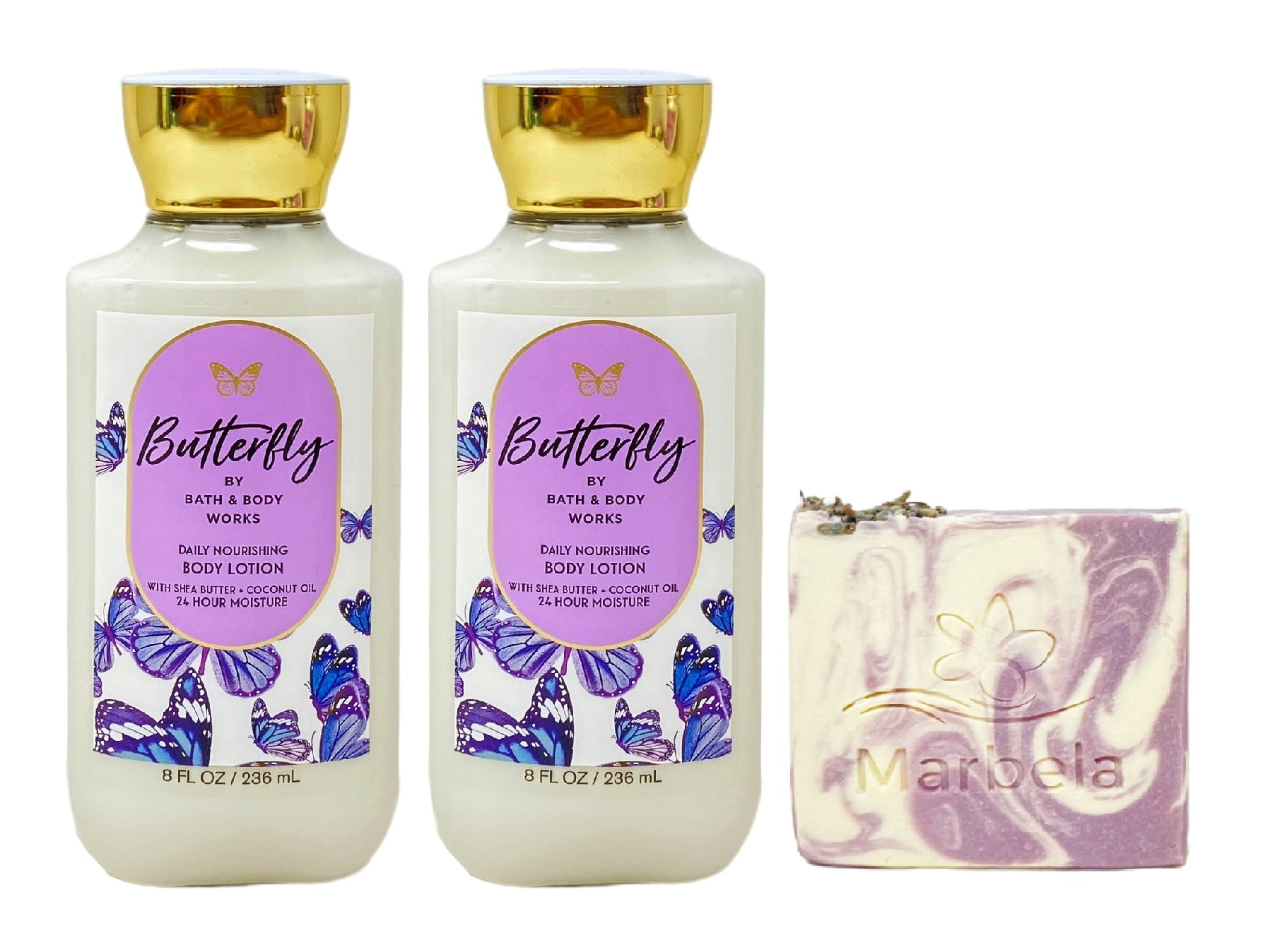 Bath & Body Works Butterfly Body Lotion 2 Pack with a Lavender Dream Bar Soap.