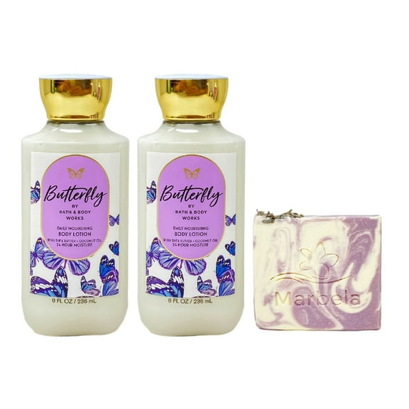Bath & Body Works Butterfly Body Lotion 2 Pack with a Lavender Dream Bar Soap.