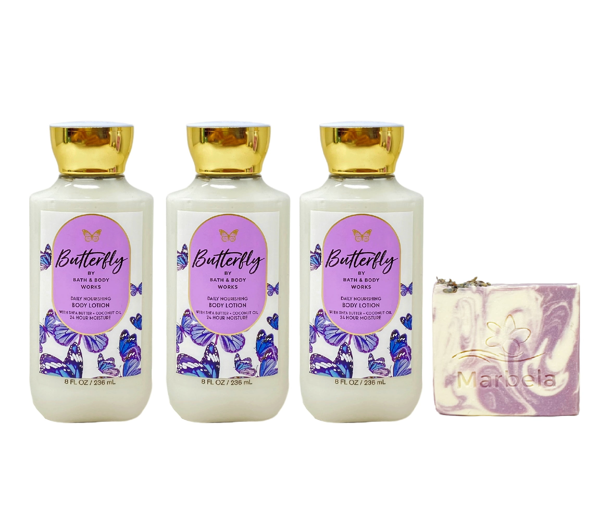Bath & Body Works Butterfly Body Lotion 3 Pack with a Lavender Dream Bar Soap