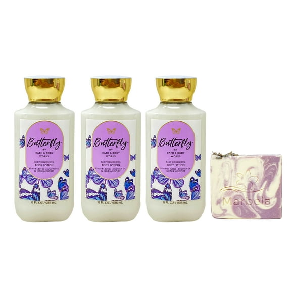 Bath & Body Works Butterfly Body Lotion 3 Pack with a Lavender Dream Bar Soap