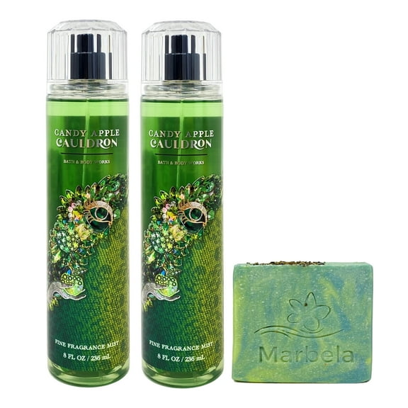 Bath & Body Works Candy Apple Cauldron 2 Pack Fragrance Mist Bundle with a Fresh Forest Bar Soap - Full Size