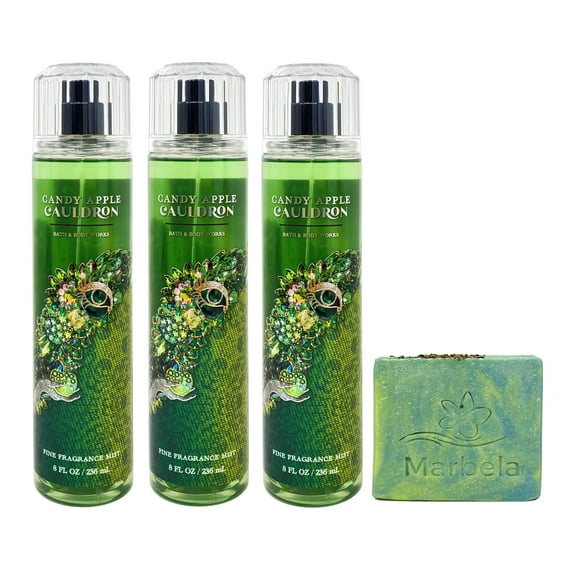 Bath & Body Works Candy Apple Cauldron 3 Pack Fragrance Mist Bundle with a Fresh Forest Bar Soap - Full Size