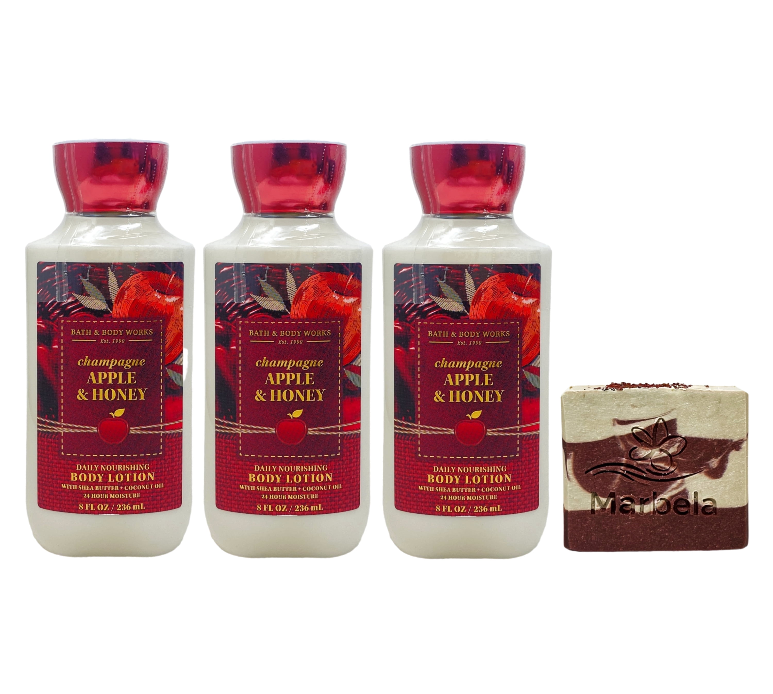 Bath & Body Works Champagne Apple & Honey 3 Daily Nourishing Body Lotions with a Cherry on Top Bar Soap