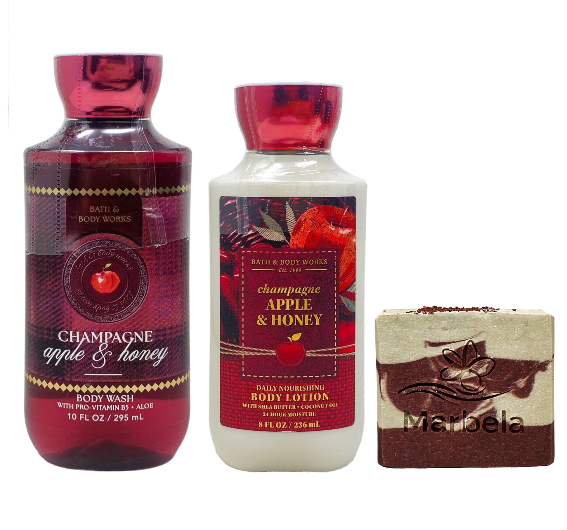 Bath & Body Works Champagne Apple & Honey Body Wash and Body Lotion with a Cherry on Top Bar Soap
