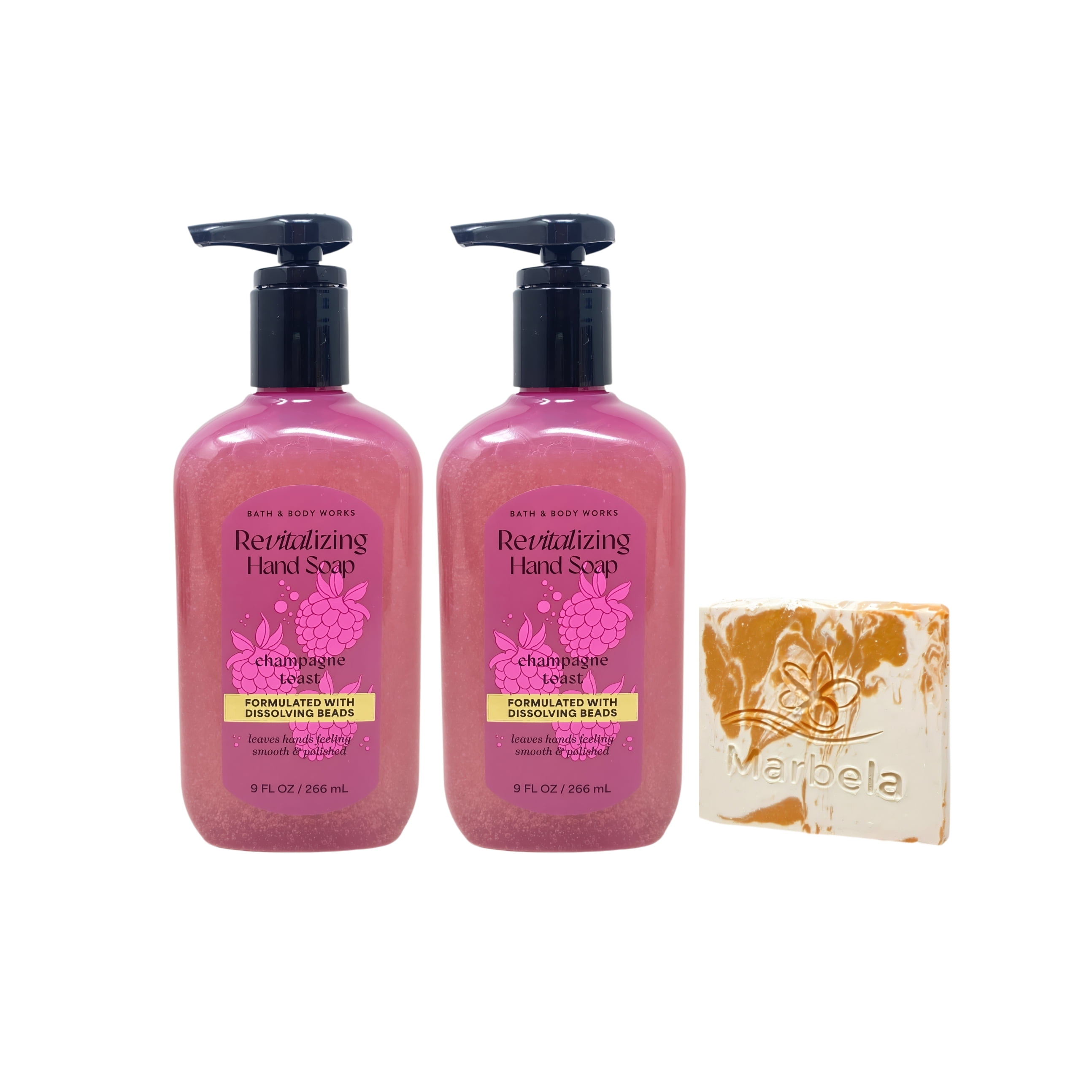 Bath & Body Works Champagne Toast 2 Revitalizing Gel Hand Soap with a Peach Gardenia Mini Soap