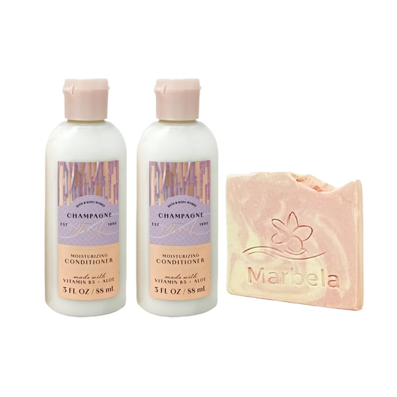 Bath & Body Works Champagne Toast 2 Travel Size Moisturizing Conditioners with a Himalayan Salts Springs Mini Soap