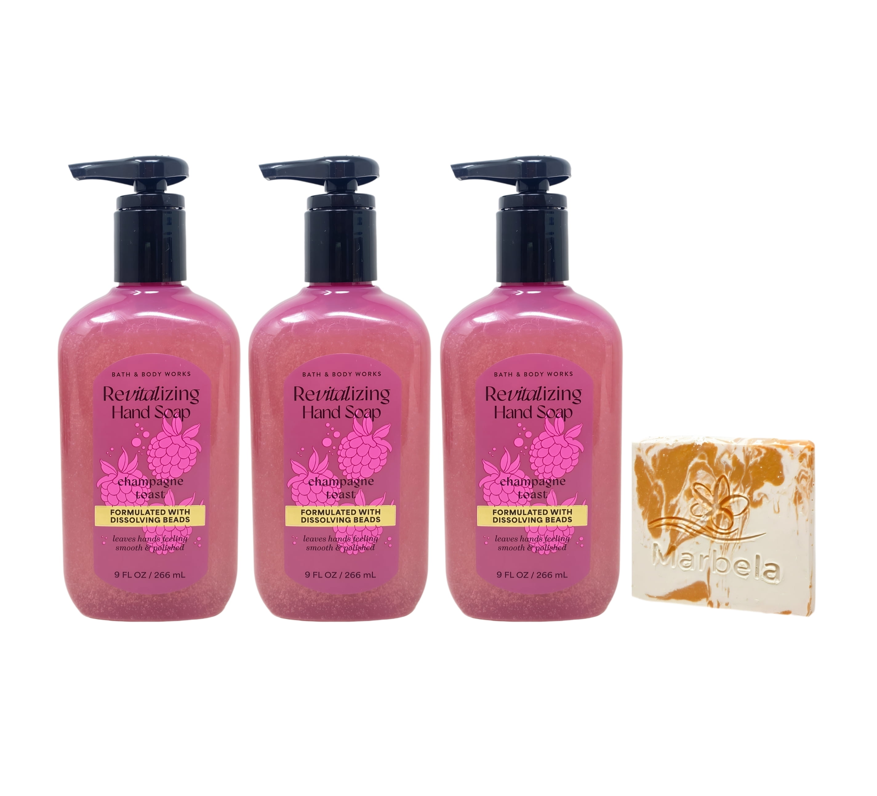 Bath & Body Works Champagne Toast 3 Revitalizing Gel Hand Soap with a Peach Gardenia Mini Soap