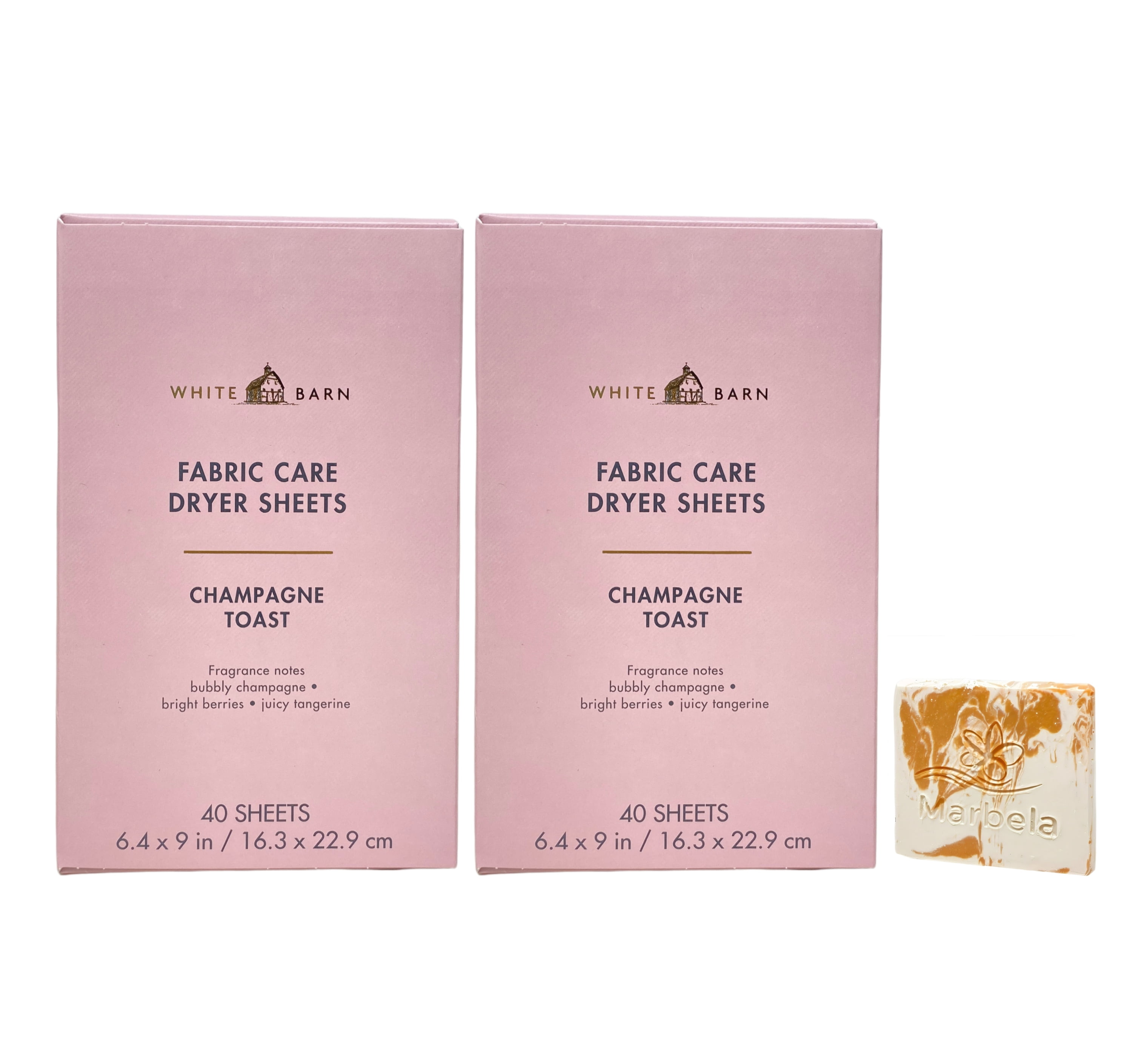 Bath & Body Works Champagne Toast Fabric Care Dryer Sheets - 2 Boxes (80 Sheets Total) - with a Peach Gardenia Mini Soap