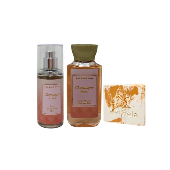 Bath & Body Works Champagne Toast Fine Fragrance Mist and Shower Gel Travel Size with a Peach Gardenia Mini Soap