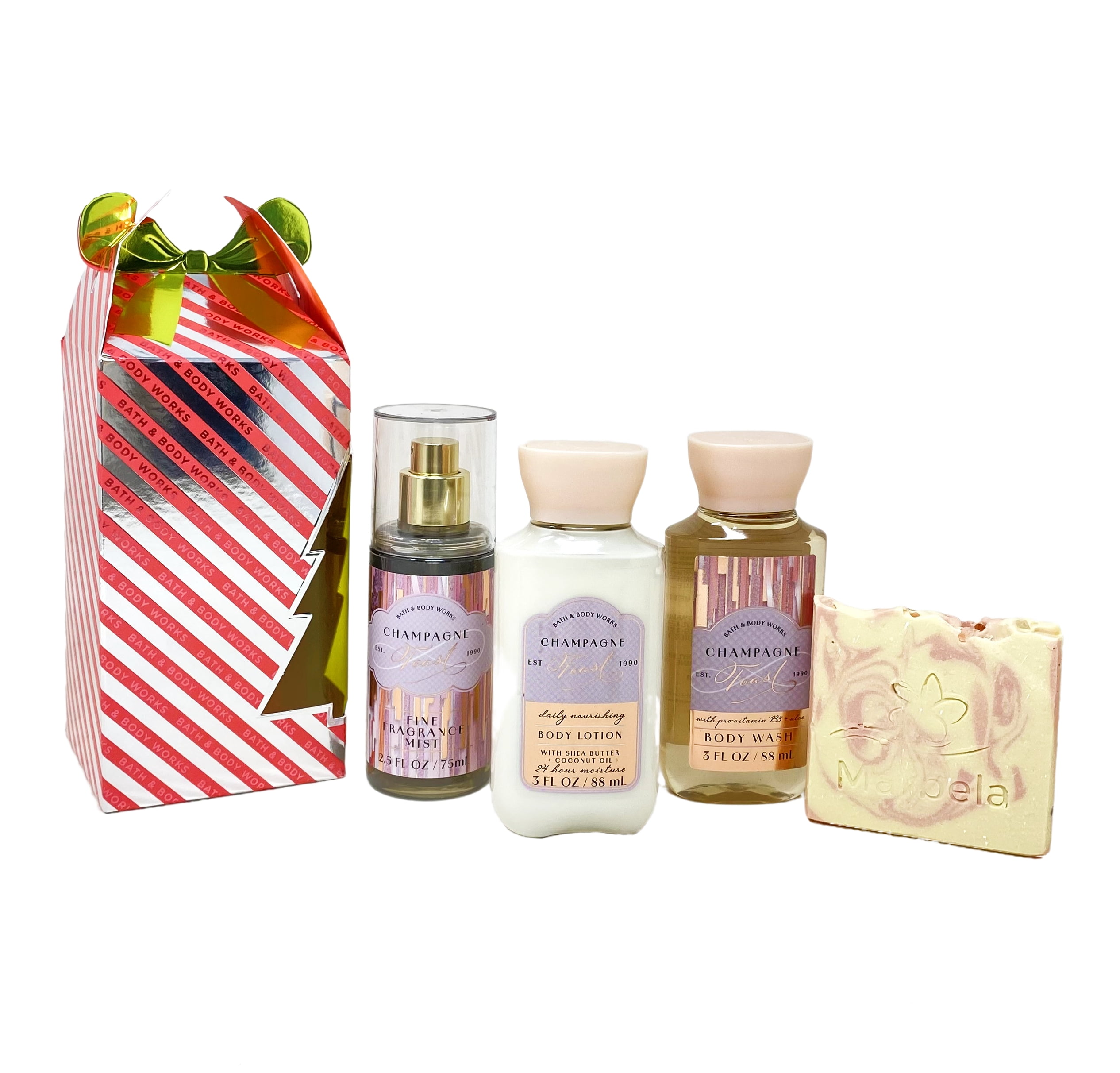 Bath & Body Works Champagne Toast Mini Gift Bag Trio - Fragrance Mist, Body Lotion and Shower Gel with a Himalayan Salts Springs Sample Soap - Travel Size