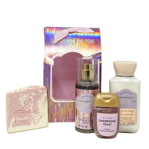Bath & Body Works Champagne Toast Toasting To You Mini Gift Bag Trio Bundle - Fragrance Mist - Body Lotion and Hand Gel - with a Marbela Himalayan Salts Springs Sample Soap - Travel Size