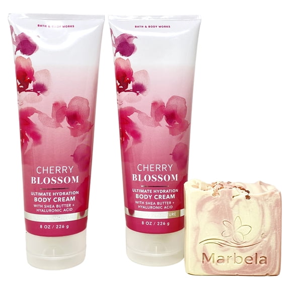 Bath & Body Works Cherry Blossom Ultimate Hydration Body Cream 2 Piece Gift Set with a Marbela Himalayan Salts Springs Bar Soap - Full Size