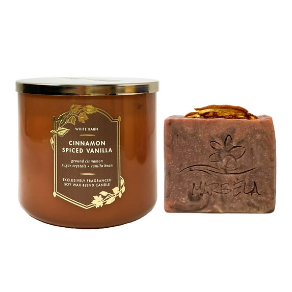 Bath & Body Works Cinnamon Spiced Vanilla 3-Wick Scented Candle with a Marbela Orange Ginger Bar Soap