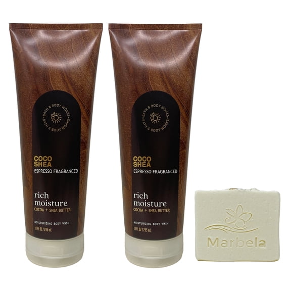 Bath & Body Works Coco Shea Espresso Fragranced 2 Pack Moisturizing Body Wash Bundle with a Natural Oats Bar Soap - Full Size
