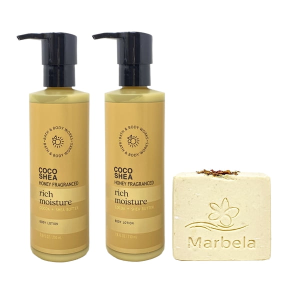 Bath & Body Works Coco Shea Honey Fragranced 2 Pack Body Lotion Bundle with a Creamy Rose Bar Soap - Full Size