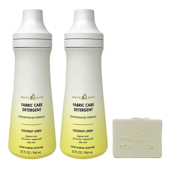 Bath & Body Works Coconut Linen 2 Pack Fabric Care Detergent Gift Set Bundle with a Marbela Natural Oats Bar Soap - Full Size