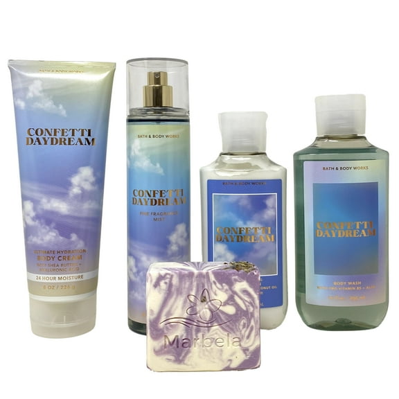 Bath & Body Works Confetti Daydream Deluxe Gift Set - Mist, Body Cream, Body Lotion and Body Wash with Marbela Lavender Dream Bar Soap.