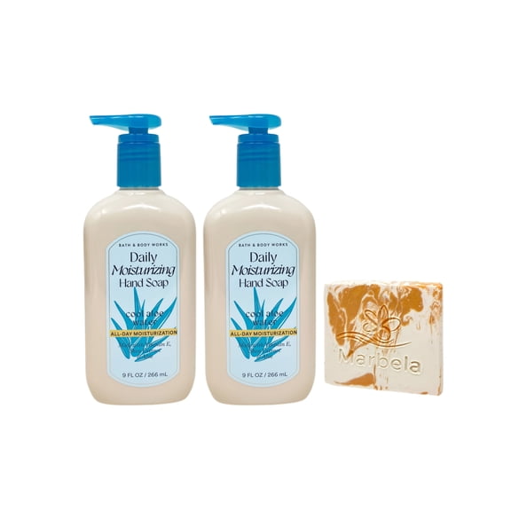Bath & Body Works Cool Aloe Water 2 Daily Moisturizing Hand Soaps with a Peach Gardenia Mini Soap