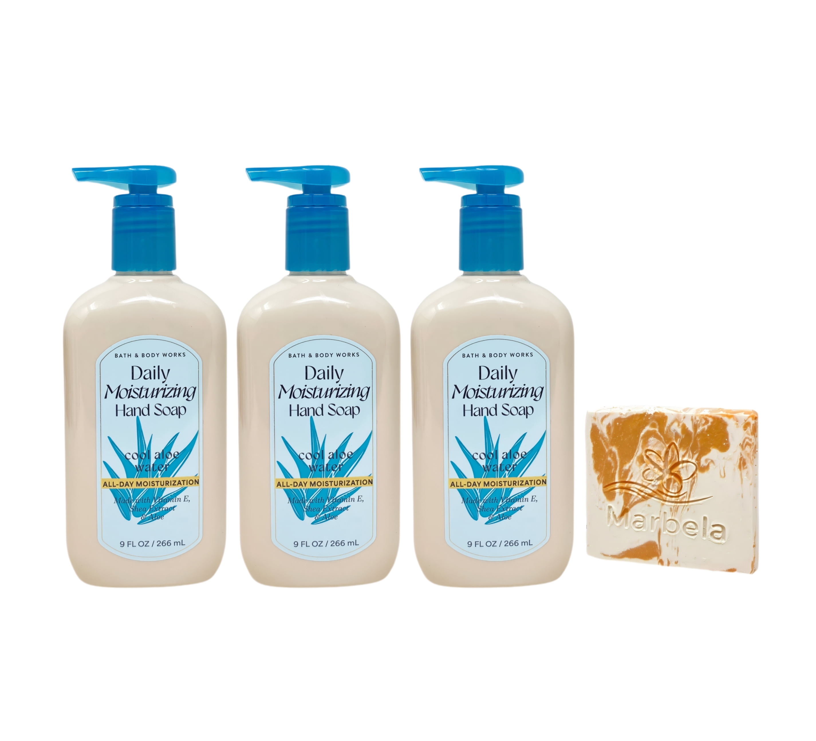 Bath & Body Works Cool Aloe Water 3 Daily Moisturizing Hand Soaps with a Peach Gardenia Mini Soap