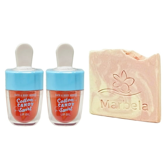 Bath & Body Works Cotton Candy Swirl 2 Pack Lip Oil Bundle with a Himalayan Salts Springs Sample Soap
