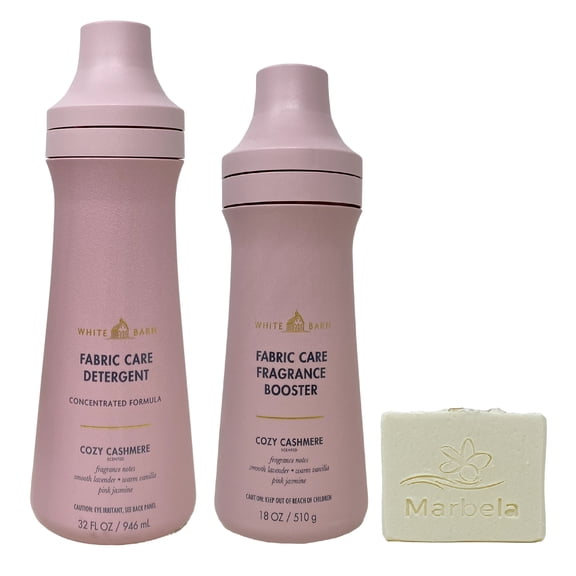 Bath & Body Works Cozy Cashmere Fabric Care Detergent and Fragrance Booster Gift Set Bundle with a Marbela Natural Oats Bar Soap - Full Size