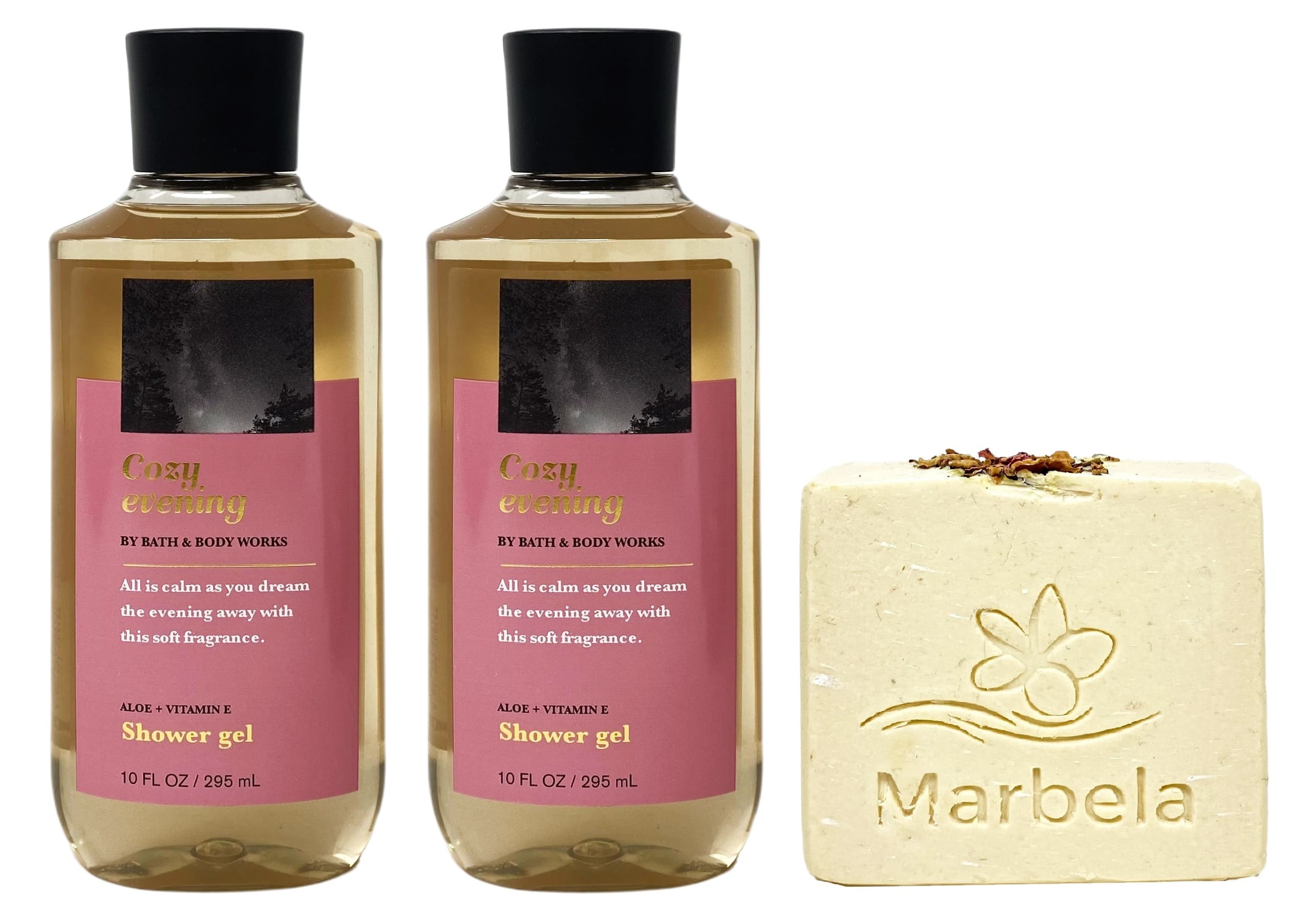 Bath & Body Works Cozy Evening Shower Gel 2 Pack with a Creamy Roses Bar Soap.