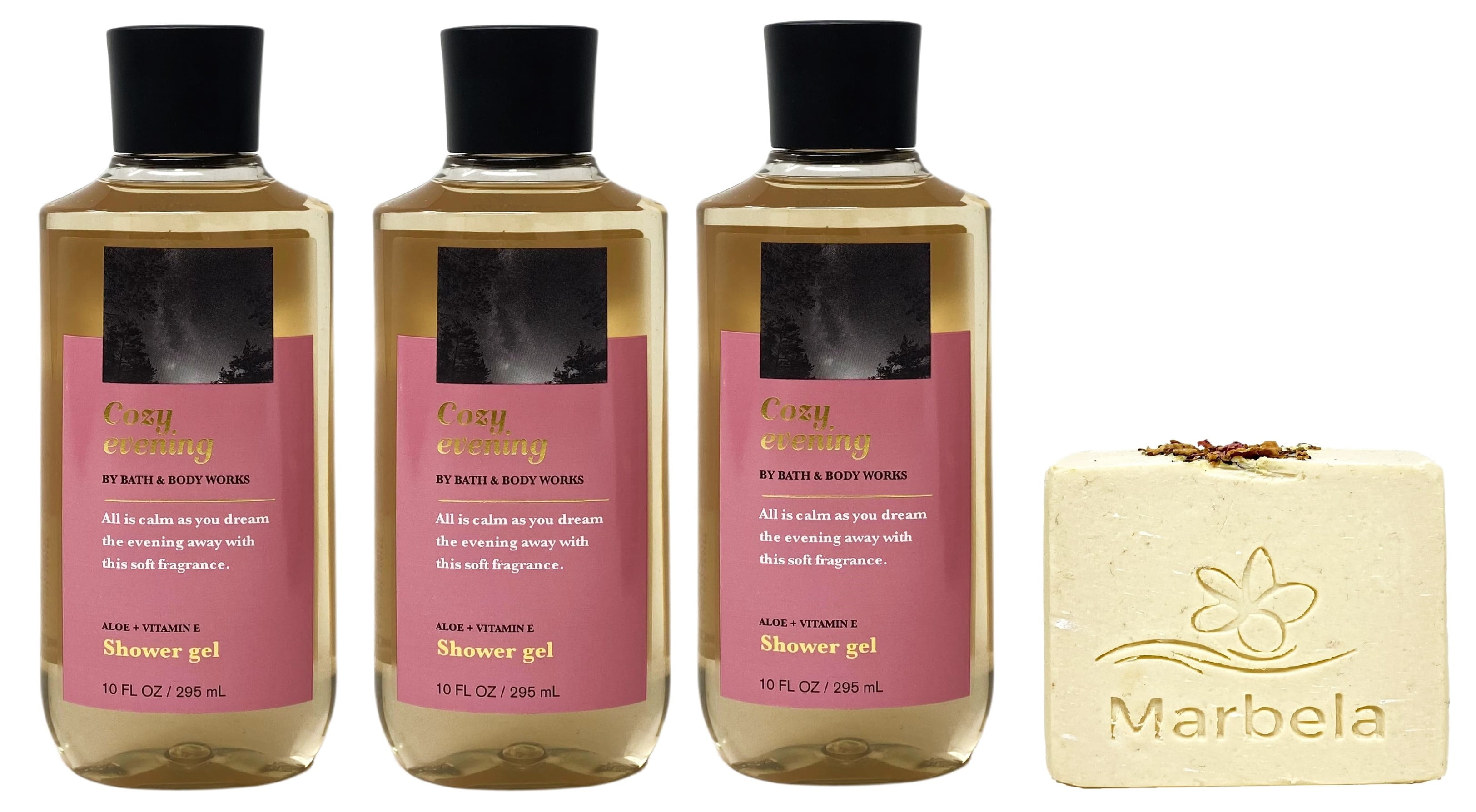 Bath & Body Works Cozy Evening Shower Gel 3 Pack with a Creamy Roses Bar Soap.