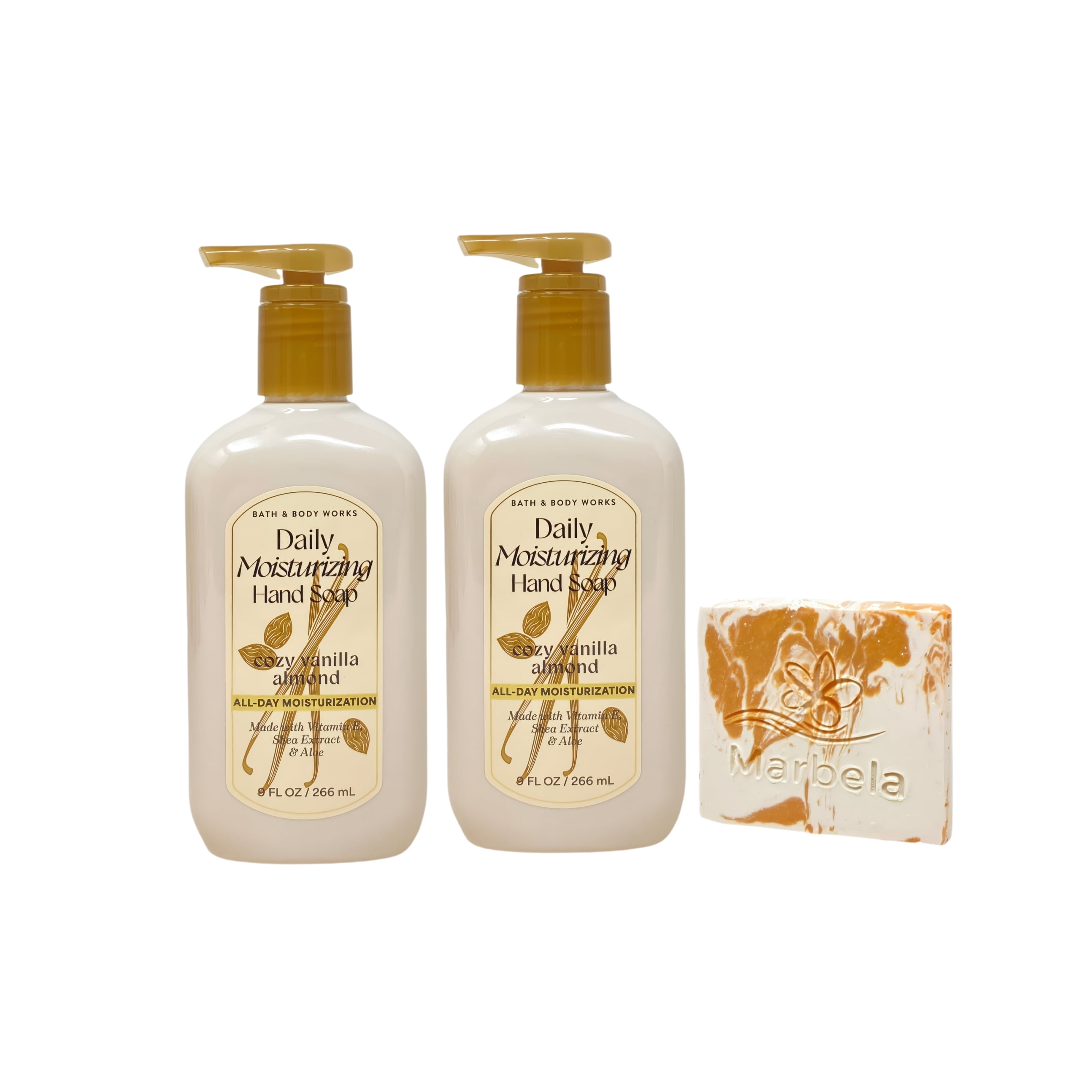 Bath & Body Works Cozy Vanilla Almond 2 Daily Moisturizing Hand Soaps with a Peach Gardenia Mini Soap