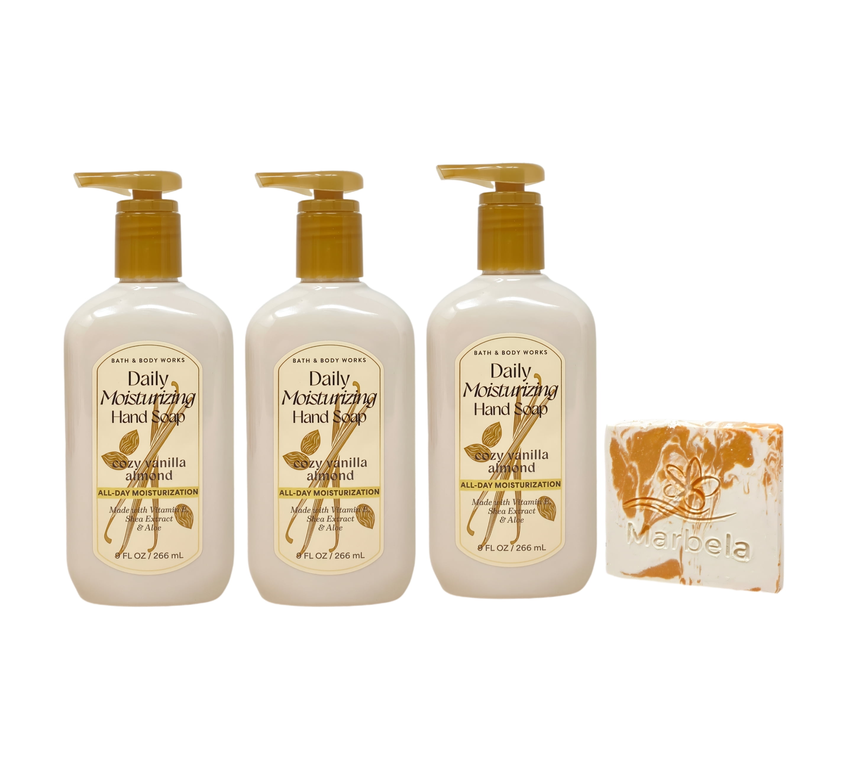 Bath & Body Works Cozy Vanilla Almond 3 Daily Moisturizing Hand Soaps with a Peach Gardenia Mini Soap