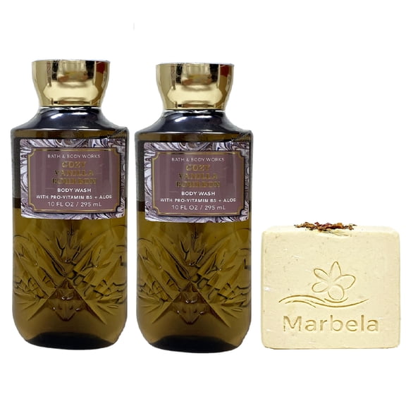 Bath & Body Works Cozy Vanilla Bourbon - 2 Body Washes (10 fl oz / 295 ml Each) with a Creamy Rose Bar Soap