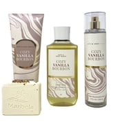 Bath & Body Works Cozy Vanilla Bourbon Gif Set - Fragrance Mist, Body Cream and Shower Gel with Creamy Rose Bar Soap