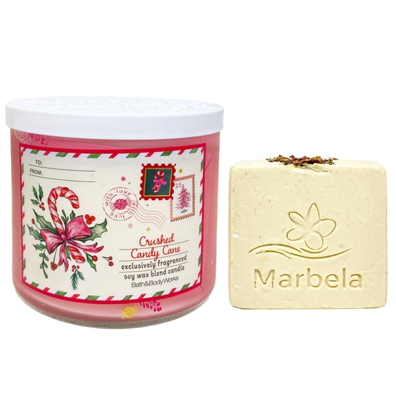 Bath & Body Works Crushed Candy Cane 3-Wick Scented Candle with a Creamy Rose Bar Soap