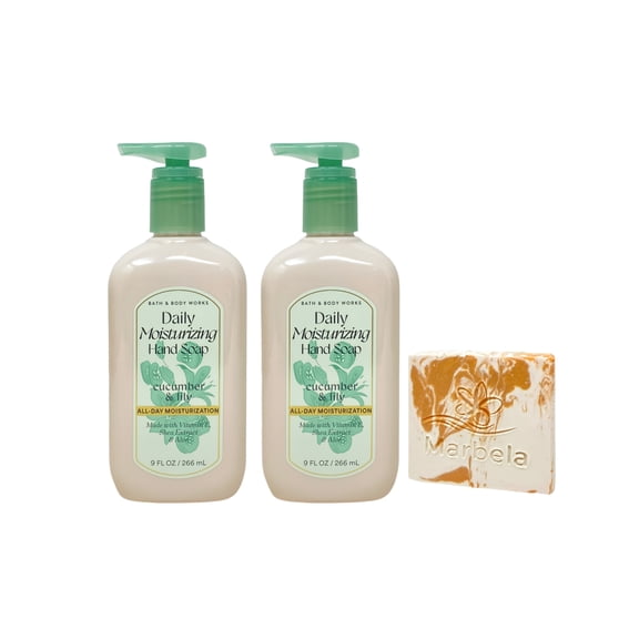 Bath & Body Works Cucumber & Lily 2 Daily Moisturizing Hand Soaps with a Peach Gardenia Mini Soap