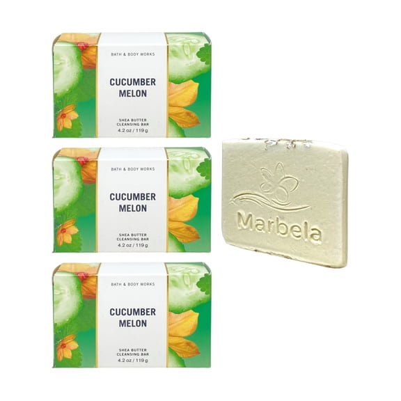 Bath & Body Works Cucumber Melon - 3 Shea Butter Cleansing Bars (4.2 oz / 119 g Each) with a Natural Oats Mini Soap