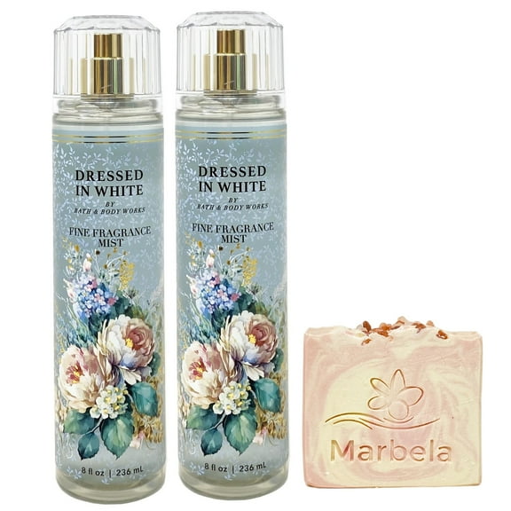 Bath & Body Works Dressed In White 2 Pack Fragrance Mist Bundle with a Himalayan Salts Springs Bar Soap - Full Size