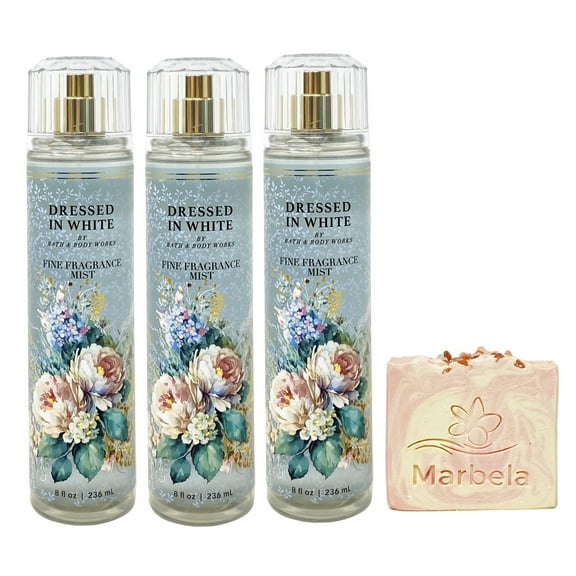 Bath & Body Works Dressed In White 3 Pack Fragrance Mist Bundle with a Himalayan Salts Springs Bar Soap - Full Size