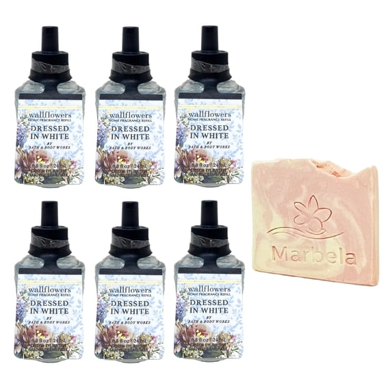 Bath & Body Works Dressed In White Set of 6 Wallflowers Home Fragrance Refill Bulbs with a Marbela Himalayan Salts Springs Sample Soap